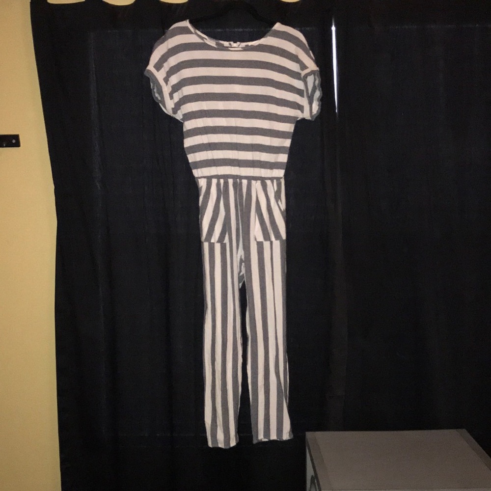 Grey & White Striped Jumpsuit